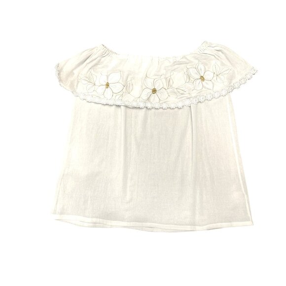 Handmade Off Shoulder White Cotton Blouse Floral Embroidery Back Lace Trim Large - Picture 6 of 7